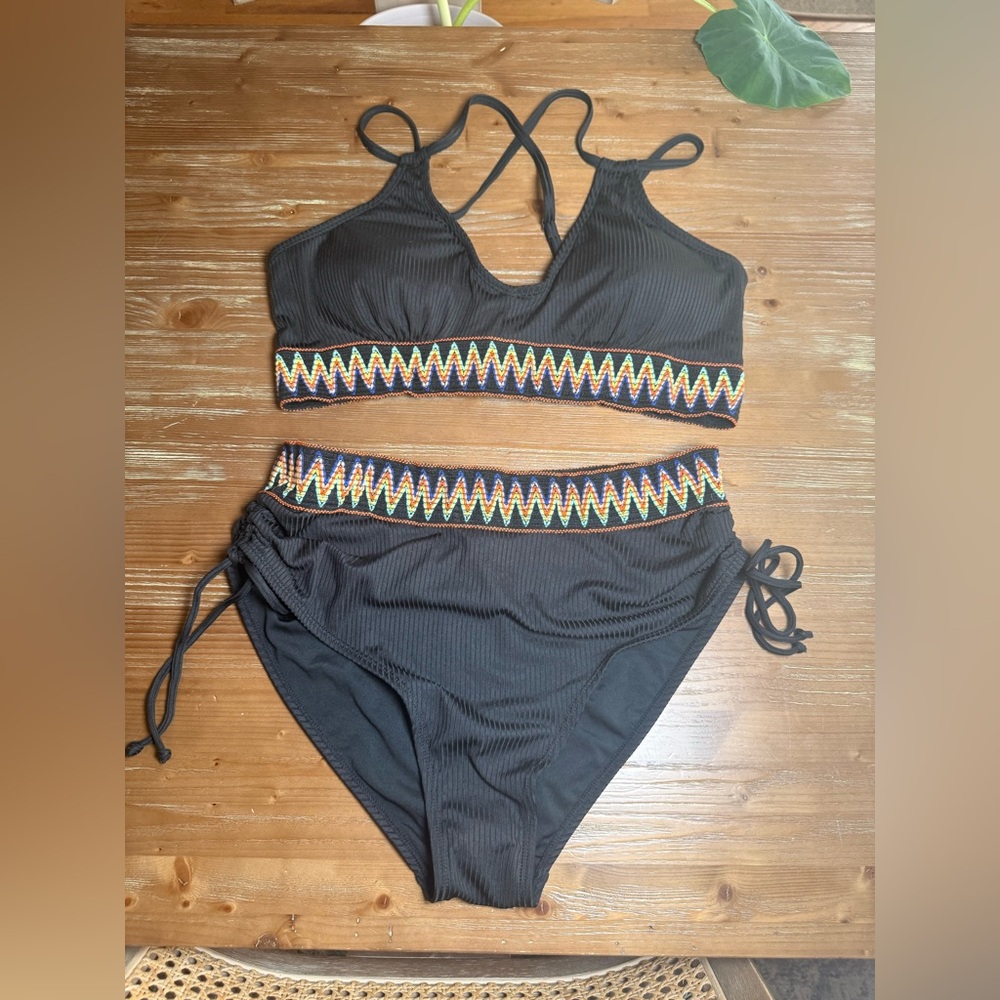 Xhilaration Black Ribbed Two-Piece Bikini with Colorful Zigzag Trim